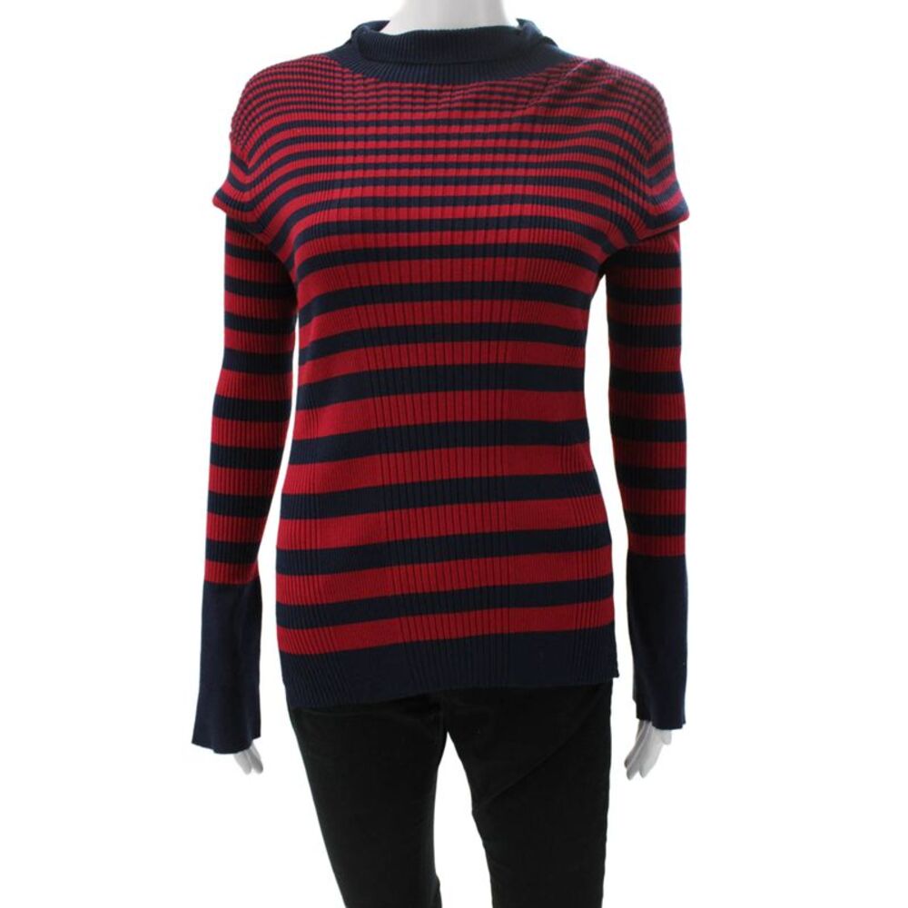 Strenesse Womens Pullover Sweater Red Mock Neck Striped Long Sleeve Size 8